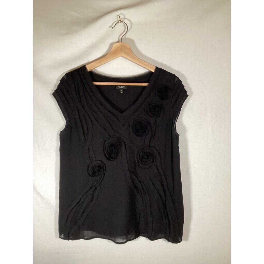 Talbots Silk Black Flower Embellished Lined Cap Sleeve Blouse Womens‎ 4 Shirt